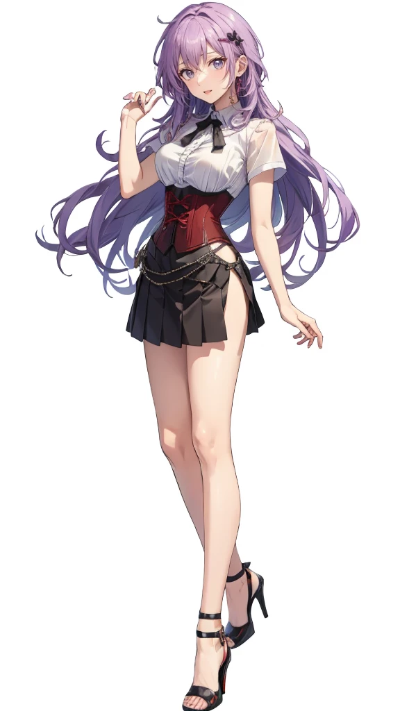 ((Perfect Face)),Purple Hair,Adult female,White shirt,((Shirt with rolled up sleeves)),(((Roll up your sleeves))),((corset)),short skirt,(High heels),((Simple White Background)),((full body)),((Full Body)),