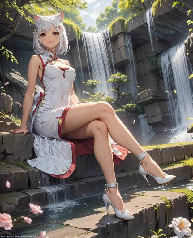 adult japanese catgirl, white cat tail, breathtaking cherry tree forest, falling cherry petal, ((white elegant sleeveless long cheongsam dress)), smooth and beautiful legs, ((brown eye color)), (medium short length hair flowing in the wind), ((white hair), ((white high heeled pumps shoes)), beautiful nature, Atlantis ruins, small water spring with small waterfall, ((high quality)), extremely detailed, (bokeh), dof, (hand on chest), large breasts, sitting in front of a cherry tree, elegant ancient stone structure, (lady like sitting pose), side swept hair bangs, looking up into the far distance, (girly hand pose), realistic body anatomy, (white cat ears), evening golden sun backlight, (face markings), hair braid, bangs