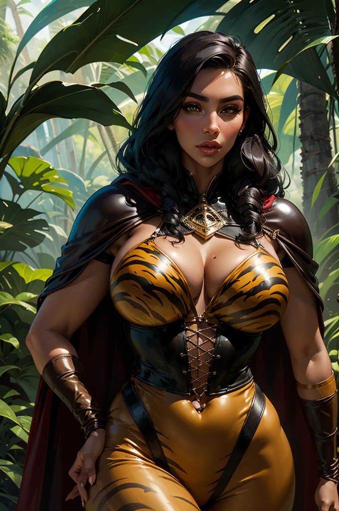 kim kardashian, ((Beautiful )), hourglass figure, large breasts, brown eyes, black hair, seductive face, tan skin, leather, tiger cape, jungle queen, jungle, fantasy theme, masterpiece, best quality, ultra detailed, realistic