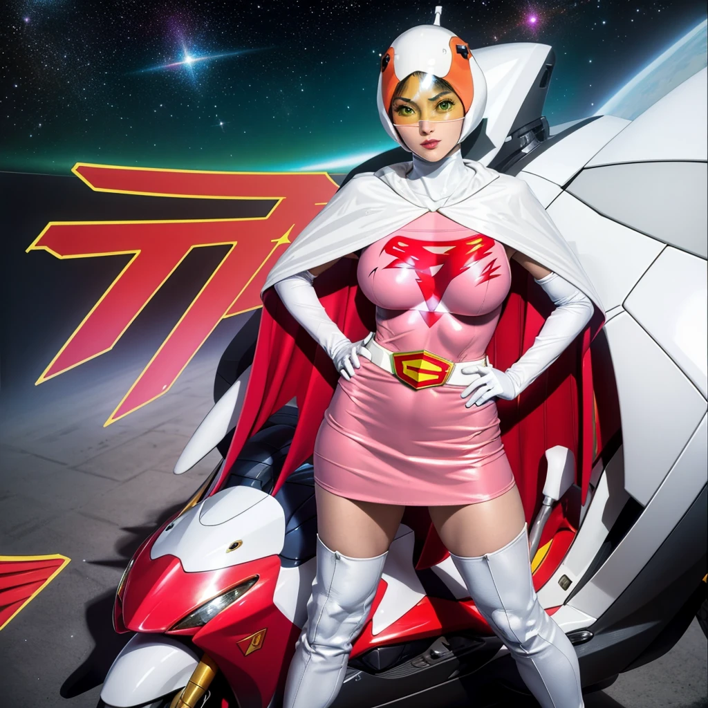 ANI_CLASSIC_jun_gatchaman_ownwaifu,1girl, ************,good anatomy, masterpiece, best quality,realistic, hyperrealistic, 16k hdr,breasts,green eyes,lips,large breasts,lipstick,makeup,gloves,cape,helmet,belt,elbow gloves,white gloves,mask,ultra miniskirt,leotard,spacesuit,white tight overknee highheels boots,pink dress,superhero,bodysuit,cleavage,erected nipples,((stand pose,hands on hip)),cameltoe