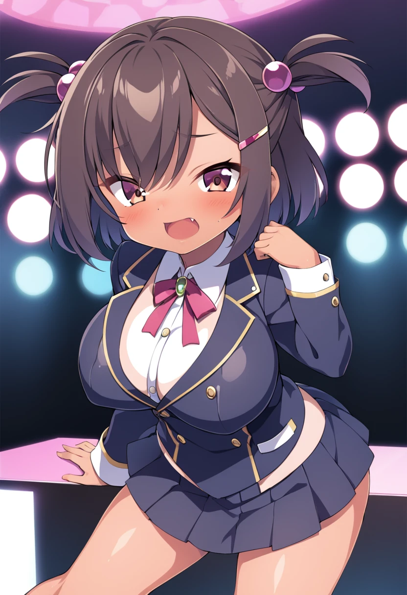 brown eyes, tan, tanlines, one-piece tan, hair ornament, brown hair, hair ornament, solo, fang, hair bobbles, short hair. two side up,, (large breasts:1.5), live stage, 11years old nipple blazer uniform, Blazer skirt, alone,