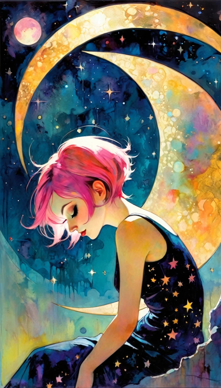 the star is a girl with short pink hair, magic, fantastic, night sky, moon, stars, background, work inspired by Bill Sienkiewicz, vivid colors, intricate details, oil.
