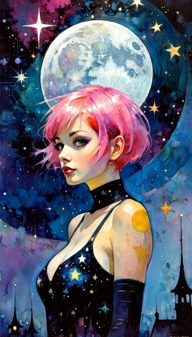 the star is a girl with short pink hair, magic, fantastic, night sky, moon, stars, background, work inspired by Bill Sienkiewicz, vivid colors, intricate details, oil.