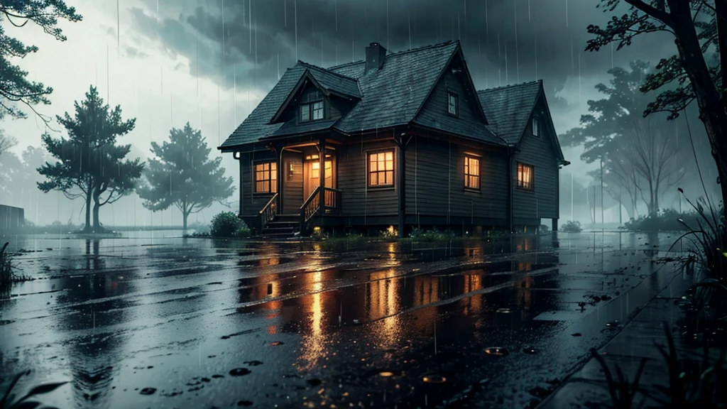 there is a old house in the rain with a light on in wood, a lot of trees, rainy evening, rainy scene, gloomy weather. hyperrealistic, rainy day. game render, rainy night, at evening during rain, raining at night, inspired by Gregory Crewdson, rain falling, late night raining, rain aesthetic, rainy day outside, atmospheric establishing shot, rainy outside