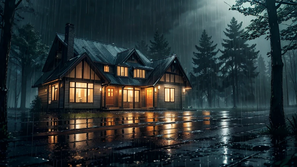 there is a old house in the rain with a light on in wood, a lot of trees, rainy evening, rainy scene, gloomy weather. hyperrealistic, rainy day. game render, rainy night, at evening during rain, raining at night, inspired by Gregory Crewdson, rain falling, late night raining, rain aesthetic, rainy day outside, atmospheric establishing shot, rainy outside