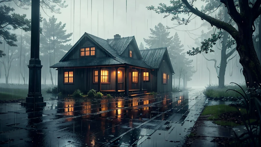 there is a old house in the rain with a light on in wood, a lot of trees, rainy evening, rainy scene, gloomy weather. hyperrealistic, rainy day. game render, rainy night, at evening during rain, raining at night, inspired by Gregory Crewdson, rain falling, late night raining, rain aesthetic, rainy day outside, atmospheric establishing shot, rainy outside