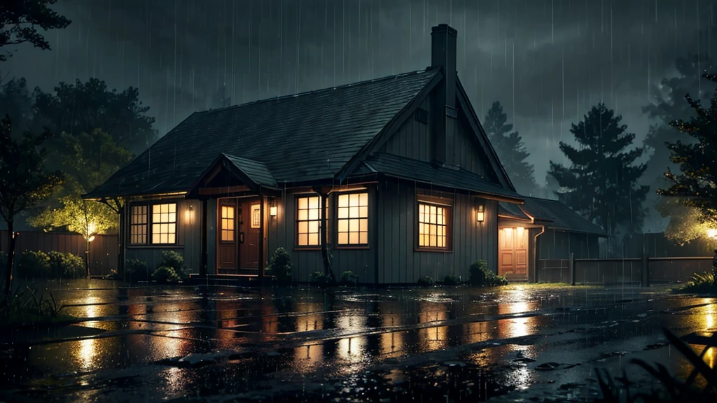 there is a old house in the rain with a light on in wood, a lot of trees, rainy evening, rainy scene, gloomy weather. hyperrealistic, rainy day. game render, rainy night, at evening during rain, raining at night, inspired by Gregory Crewdson, rain falling, late night raining, rain aesthetic, rainy day outside, atmospheric establishing shot, rainy outside