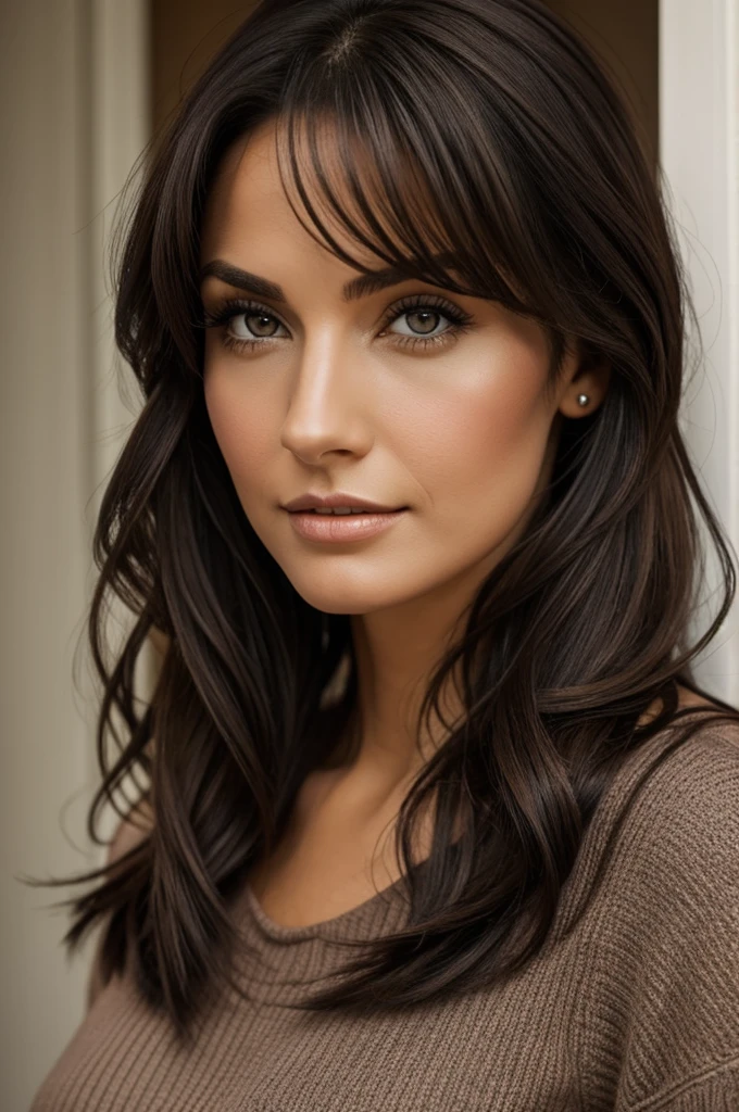Lady with dark hair and hazel eyes and tall