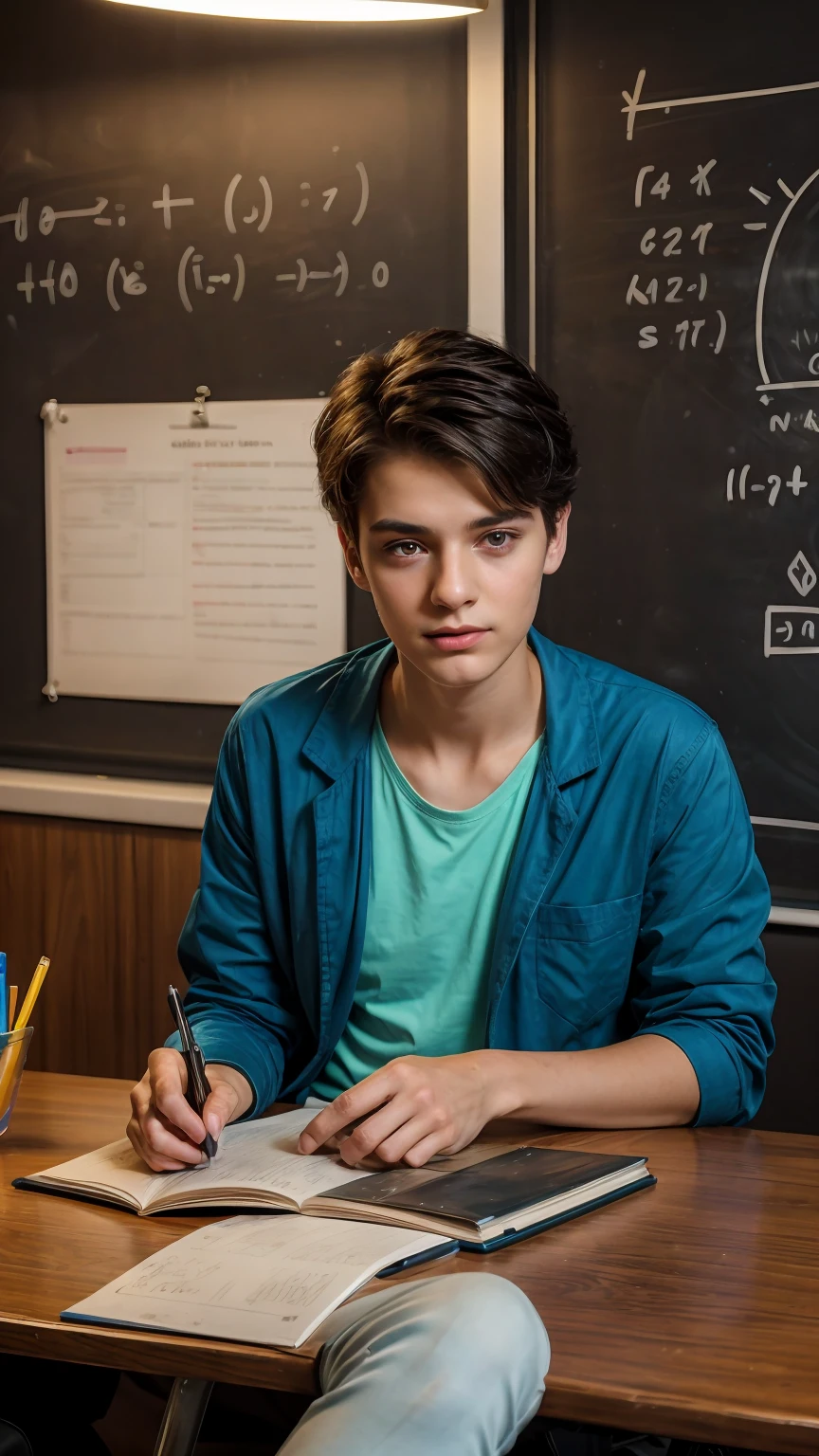 A beautiful young male twink with dark circles under his eyes. He has black hair and a face with make-up. He is wearing a bright pink long-sleeved shirt and aqua blue pants. He is in his office, sitting at a study desk, reading a huge book. Behind him is a blackboard with calculus written on it.  Integration and mathematical equations, and radiating neon energy comes out of the blackboard.