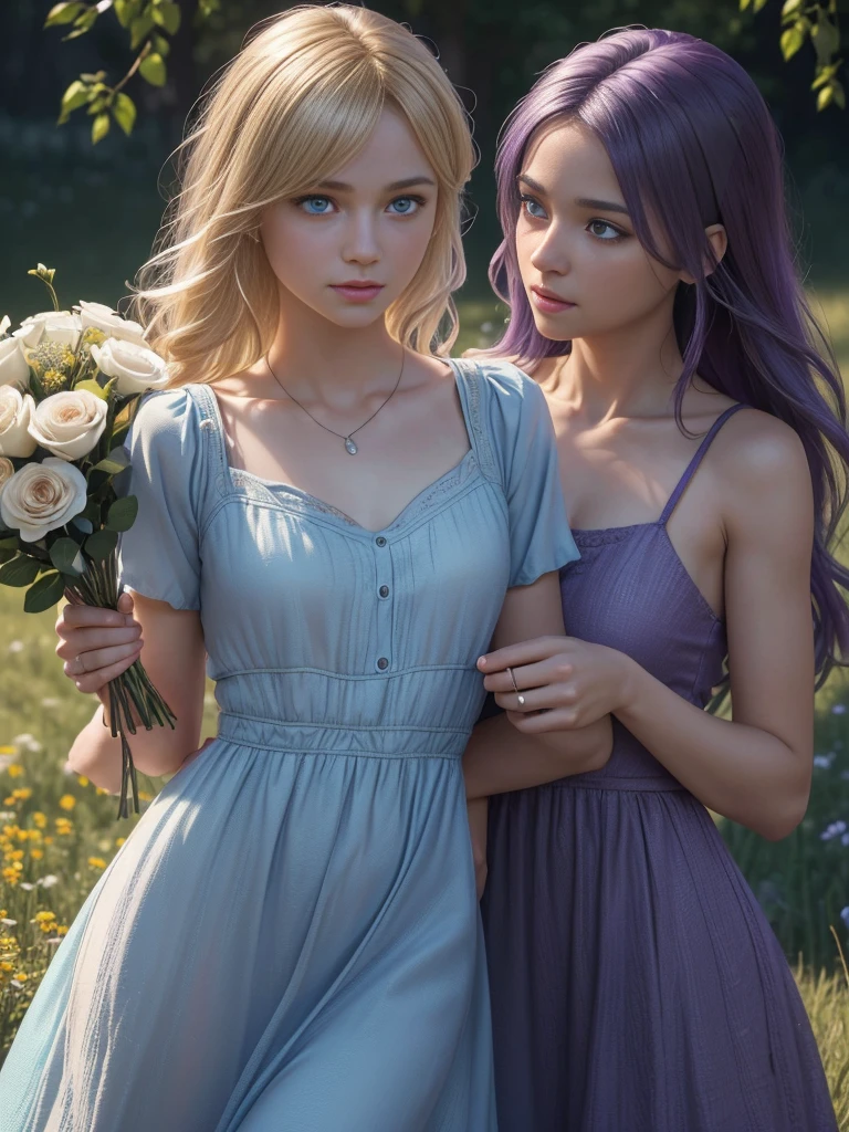 A heartwarming scene of Alleia and Malcolm meeting for the first time as children on Slaphnyr island. (((Alleia, with her blonde hair and light blue eyes, is wearing a simple dress))), and (((Malcolm, with his dark purple hair and black eyes, is in casual clothes))). They are in a beautiful meadow filled with colorful flowers and magical creatures. Alleia is shyly holding a small bouquet of flowers, while Malcolm is offering a glowing, enchanted toy. Their expressions are curious and friendly, capturing the beginning of their extraordinary bond. (photo realistic:1.4), (hyper realistic:1.4), (realistic:1.3), (smoother lighting:1.05), (increase cinematic lighting quality:0.9), 32K, realistic lighting, ray trace, (brightening light:1.2), (Increase quality:1.4), (best quality real texture skin:1.4), finely detailed eyes, finely detailed face, finely quality eyes. (UHD, retina, masterpiece, accurate, anatomically_correct, textured_skin, super_detail, high_details, high_quality, best_quality, high_res, 1080P, HD, 4K, 8k, 16k), (beautiful_detailed_eyes, beautiful_detailed_lips, extremely_detailed_eyes_and_face), soft_lighting, physically-based_rendering, vivid_colors, (Best Highest Quality, 8K, High Resolution, Masterpiece:1.2), Ultra Detailed, Extremely Fine, (Realistic, Photo Realistic:1.37).