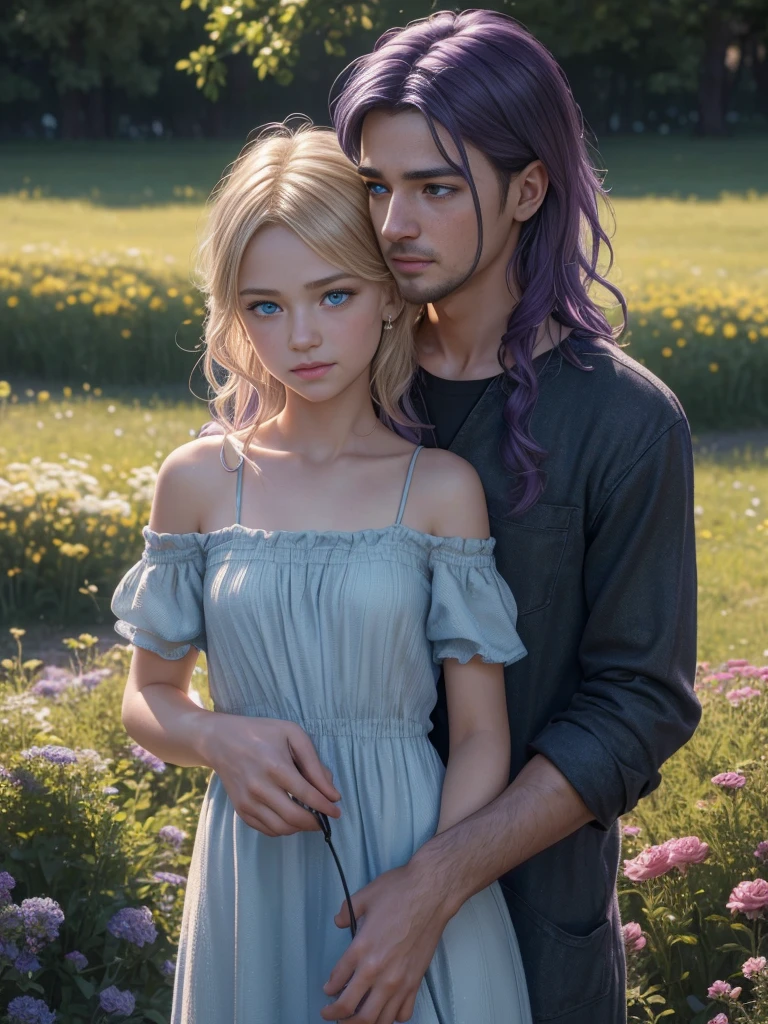 A heartwarming scene of Alleia and Malcolm meeting for the first time as children on Slaphnyr island. (((Alleia, with her blonde hair and light blue eyes, is wearing a simple dress))), and (((Malcolm, with his dark purple hair and black eyes, is in casual clothes))). They are in a beautiful meadow filled with colorful flowers and magical creatures. Alleia is shyly holding a small bouquet of flowers, while Malcolm is offering a glowing, enchanted toy. Their expressions are curious and friendly, capturing the beginning of their extraordinary bond. (photo realistic:1.4), (hyper realistic:1.4), (realistic:1.3), (smoother lighting:1.05), (increase cinematic lighting quality:0.9), 32K, realistic lighting, ray trace, (brightening light:1.2), (Increase quality:1.4), (best quality real texture skin:1.4), finely detailed eyes, finely detailed face, finely quality eyes. (UHD, retina, masterpiece, accurate, anatomically_correct, textured_skin, super_detail, high_details, high_quality, best_quality, high_res, 1080P, HD, 4K, 8k, 16k), (beautiful_detailed_eyes, beautiful_detailed_lips, extremely_detailed_eyes_and_face), soft_lighting, physically-based_rendering, vivid_colors, (Best Highest Quality, 8K, High Resolution, Masterpiece:1.2), Ultra Detailed, Extremely Fine, (Realistic, Photo Realistic:1.37).