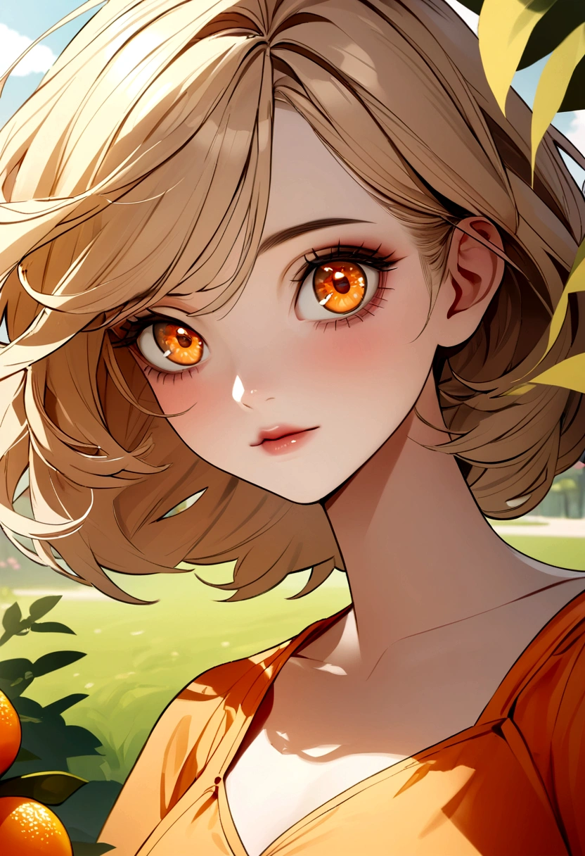 a one woman, in park, Sunnyday, Orange summer dress, cru, ultra HD, 8K, (close up:1.1), Head, high-detailed face, dazzling eyes