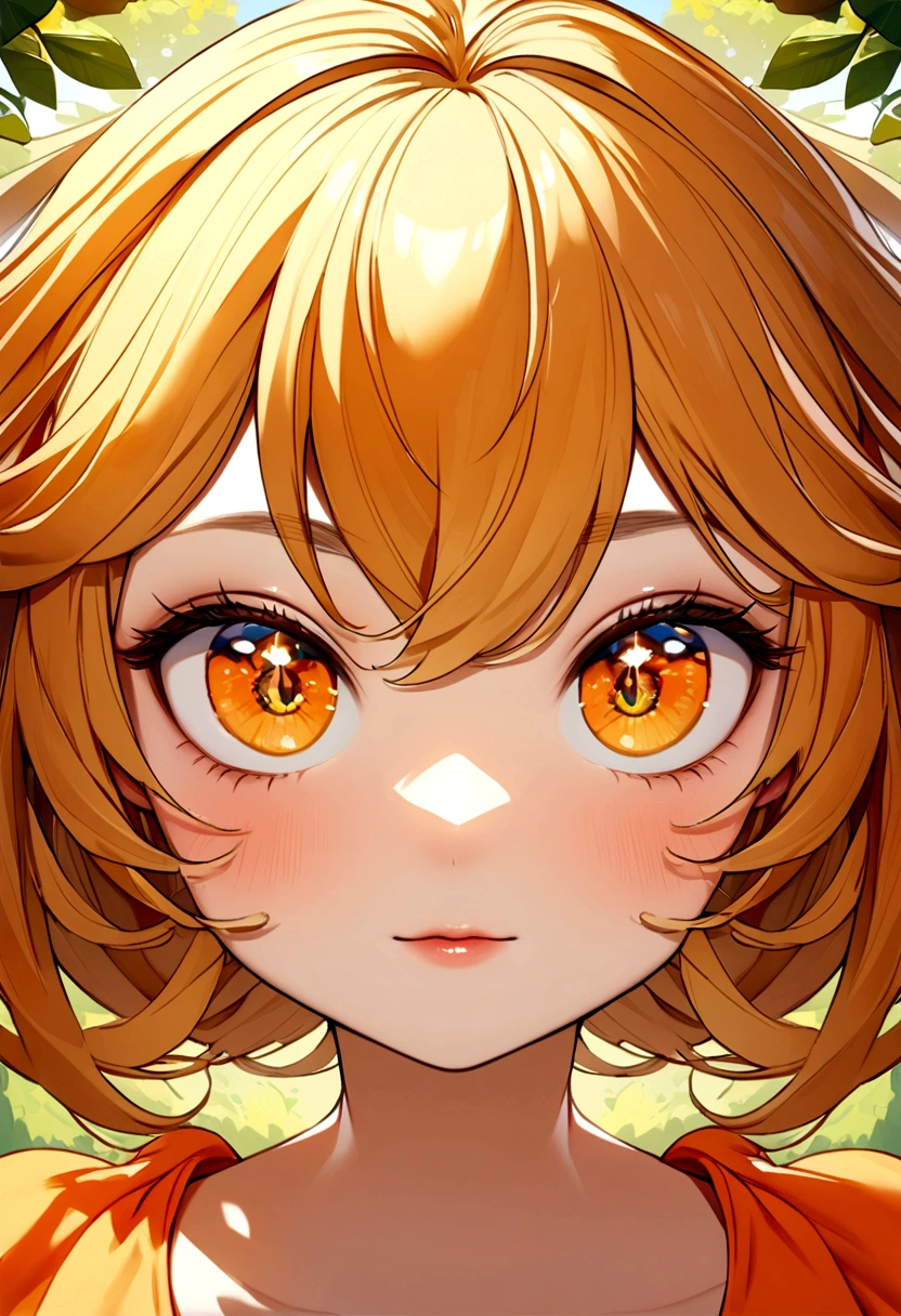 a one woman, in park, Sunnyday, Orange summer dress, cru, ultra HD, 8K, (close up:1.1), Head, high-detailed face, dazzling eyes