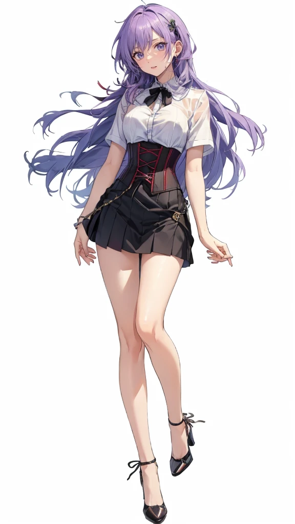 ((Perfect Face)),Purple Hair,Adult female,White shirt,((Shirt with rolled up sleeves)),(((Roll up your sleeves))),((corset)),short skirt,(High heels),((Simple White Background)),((full body)),((Full Body)),