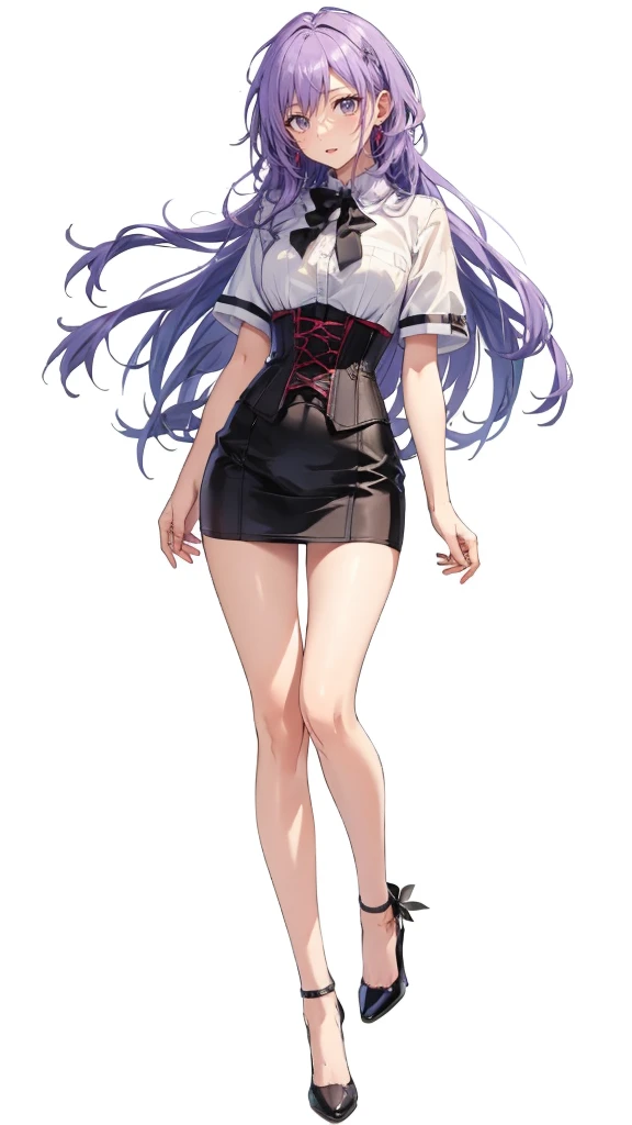 ((Perfect Face)),Purple Hair,Adult female,White shirt,((Shirt with rolled up sleeves)),(((Roll up your sleeves))),((corset)),short skirt,(High heels),((Simple White Background)),((full body)),((Full Body)),