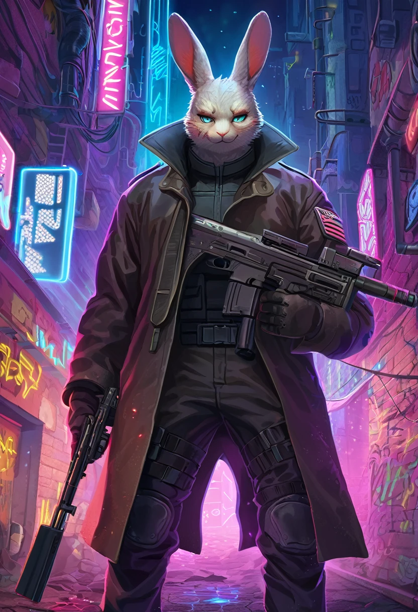 ((Masterpiece)), ((Best Quality)), (Very Detailed), ((Very Detailed)), 4K, (8K), very aesthetic, absurdres highres, 1 female, anthropomorphic rabbit, furry, kemono, In a neon-lit city alley, a ruthless man with cybernetic prosthetics stands sharp-eyed, wearing a sophisticated combat suit and dark coat. He has deep scars on his face and holds advanced weapons in his hands. Neon lights and hologram ads shine in the background, and broken machines and graffiti are scattered about.
