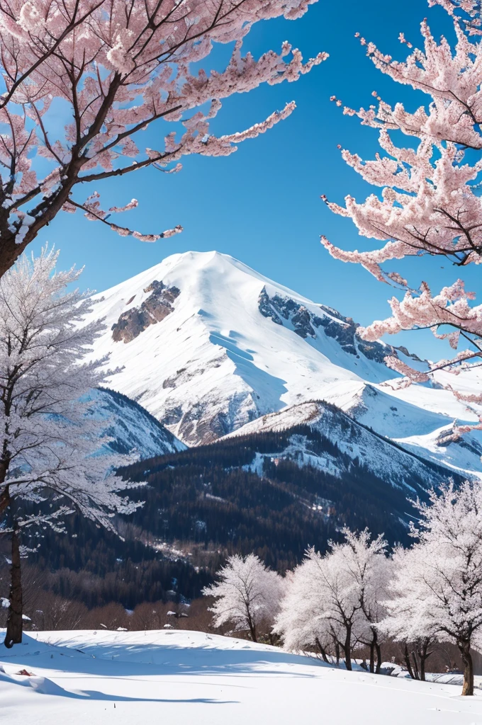 Landscape of a mountain with snow on top with several cherry trees