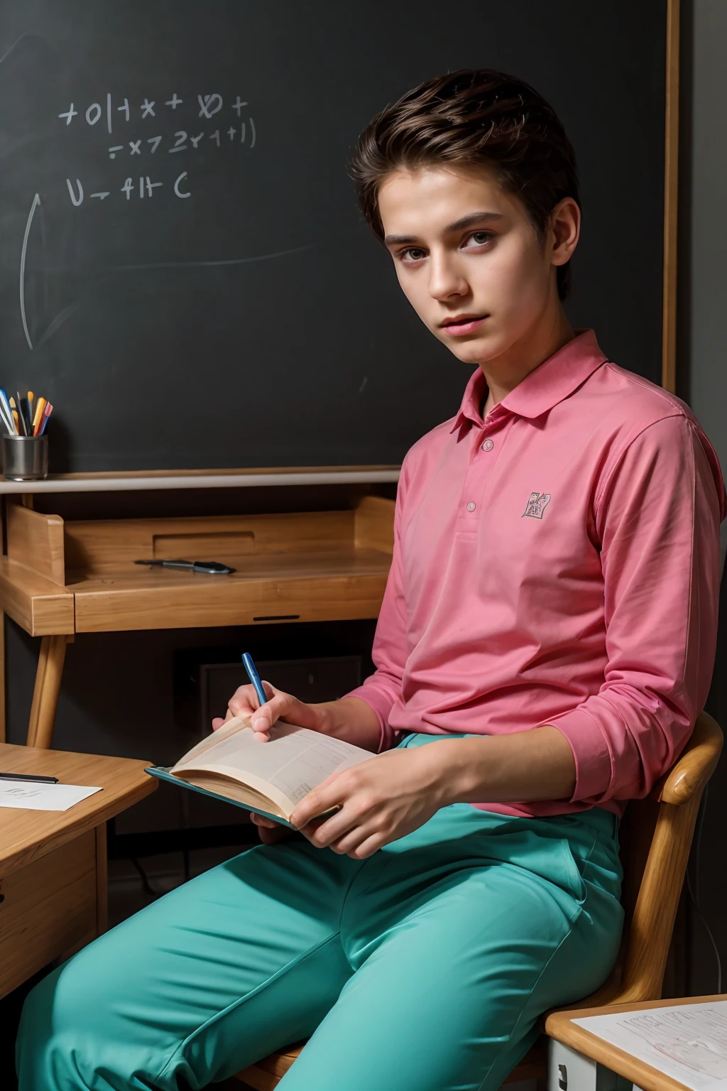 A beautiful young male twink with dark circles under his eyes. He has black hair and a face with make-up. He is wearing a bright pink long-sleeved shirt and aqua blue pants. He is in his office, sitting at a study desk, reading a huge book. Behind him is a blackboard with calculus written on it. Integration and mathematical equations, and radiating neon energy comes out of the blackboard.