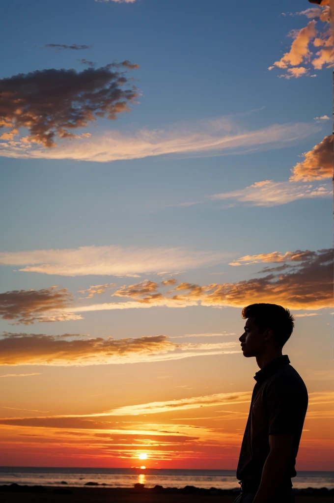 The image shows the silhouette of a young man against a sunset background. The sky presents a beautiful gradient of colors ranging from orange to pink and blue, with the sun just on the horizon, emitting a warm glow. The young man has a clear profile, with distinctive features such as short hair, a youthful face and a slim build. The environment is dark, highlighting the silhouette of the young man and the vibrant colors of the sky at sunset.