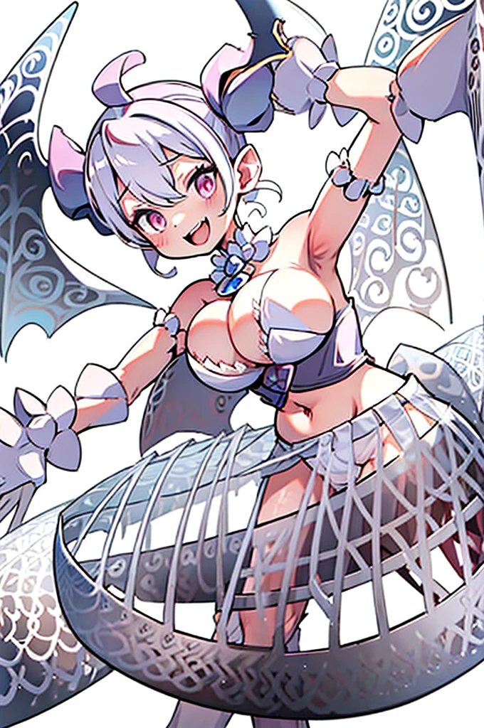 blush demon girl female huge breasts lingerie navel seductive silver eyes smile twintails white background white hair wing