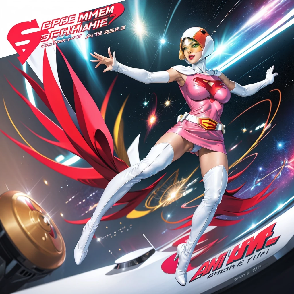 ANI_CLASSIC_jun_gatchaman_ownwaifu,1girl, ,good anatomy, masterpiece, best quality,realistic, hyperrealistic, 16k hdr,breasts,green eyes,lips,large breasts,lipstick,makeup,gloves,cape,helmet,belt,ow gloves,white gloves,mask,ultra miniskirt,leotard,spacesuit,white tight overknee highheels boots,pink dress,superhero,bodysuit,cleavage,erected nipples,((jump and fighting pose)),cameltoe