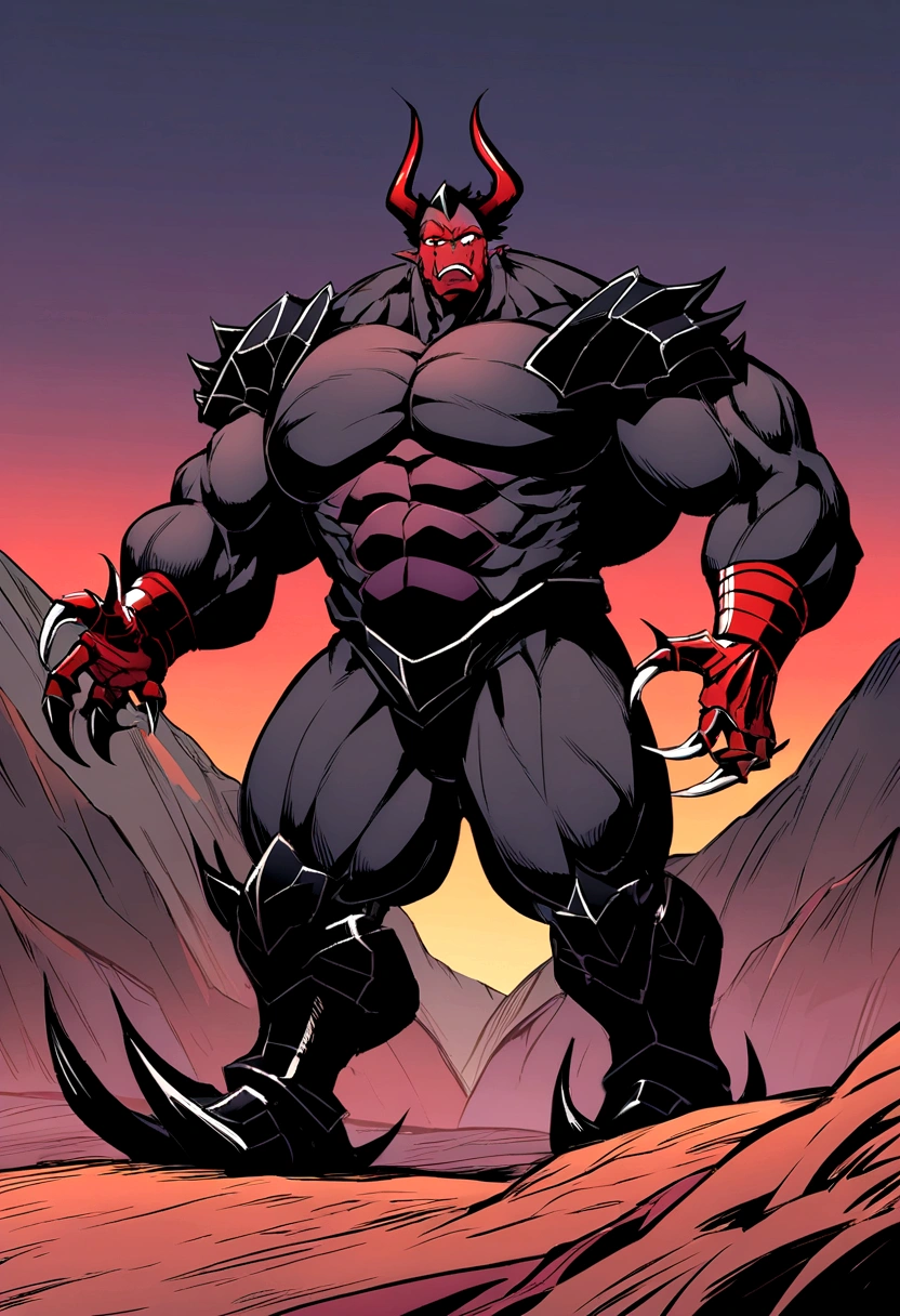 image in dark anime style: humanoid monster, long thick black hair, big muscular body, red skin, having thick arms with nanopleas and claws on the fingers, demon armor, metal boots, aggressive face, walking in a volcanic valley.