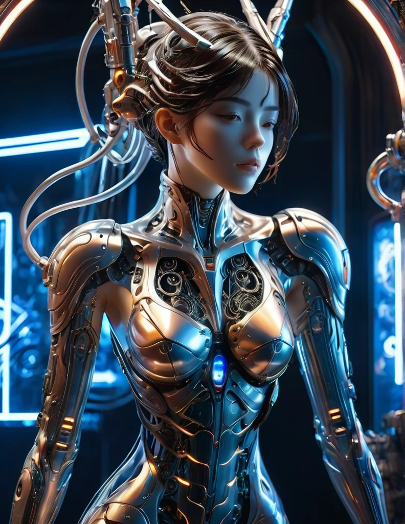 Top Quality, Masterpiece, Ultra High Resolution, ((Photorealistic: 1.4), Raw Photo, 1 cyberpunk Girl, Glossy Skin, 1 Mechanical Girl, (Ultra Realistic Details)), mechanical limbs, tubes connected to the mechanical parts, mechanical vertebrae attached to the spine, mechanical cervical attachment to the neck, wires and cables connecting to the head, Evangelion, Ghost in the Shell, small glowing LED lamps, global lighting, deep shadows, Octane Rendering, 8K, Ultra Sharp, Metal, Intricate Ornament Details, baroque details, Very intricate details, realistic light, CGSoation trend, facing the camera, neon details, (android manufactory in background), ((art by H.R. Giger and Alphonse Mucha.))