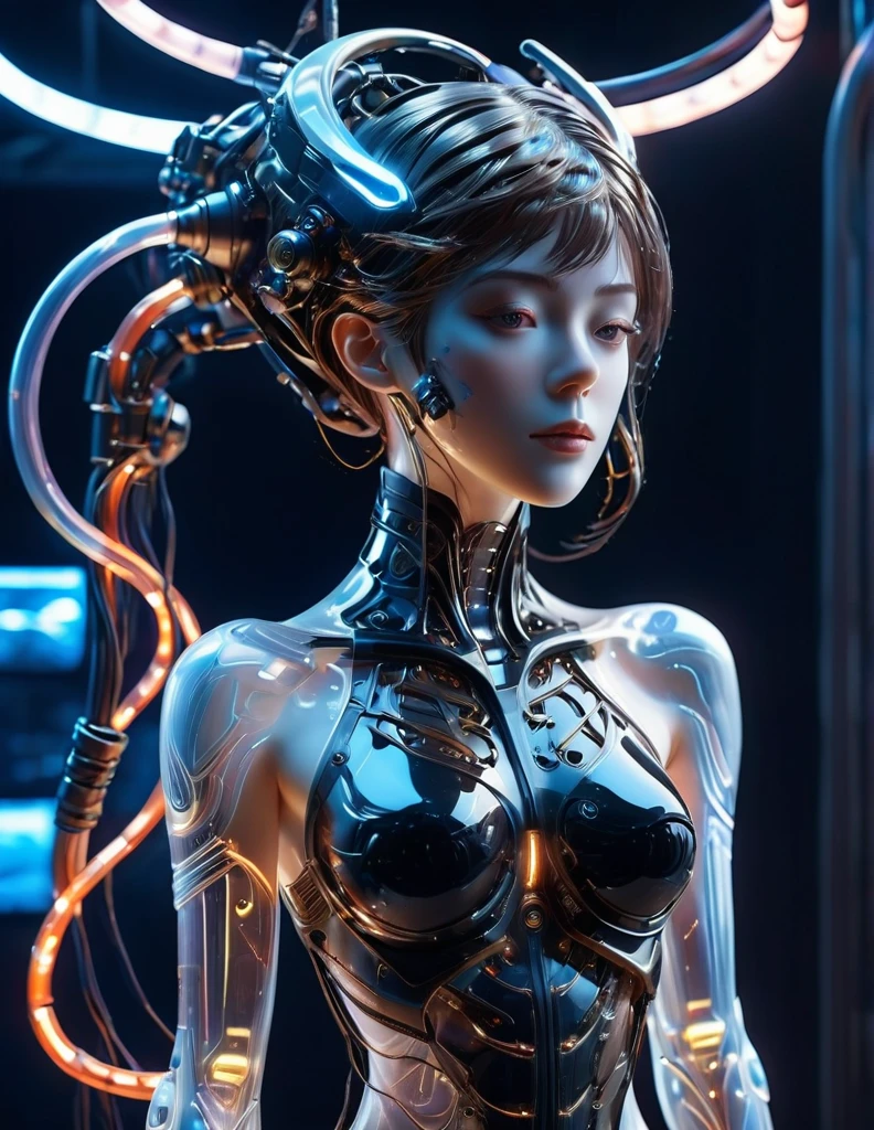 Top Quality, Masterpiece, Ultra High Resolution, ((Photorealistic: 1.4), Raw Photo, 1 cyberpunk Girl, Glossy Skin, 1 Mechanical Girl, (Ultra Realistic Details)), mechanical limbs, tubes connected to the mechanical parts, mechanical vertebrae attached to the spine, mechanical cervical attachment to the neck, wires and cables connecting to the head, Evangelion, Ghost in the Shell, small glowing LED lamps, global lighting, deep shadows, Octane Rendering, 8K, Ultra Sharp, Metal, Intricate Ornament Details, baroque details, Very intricate details, realistic light, CGSoation trend, facing the camera, neon details, (android manufactory in background), ((art by H.R. Giger and Alphonse Mucha.))