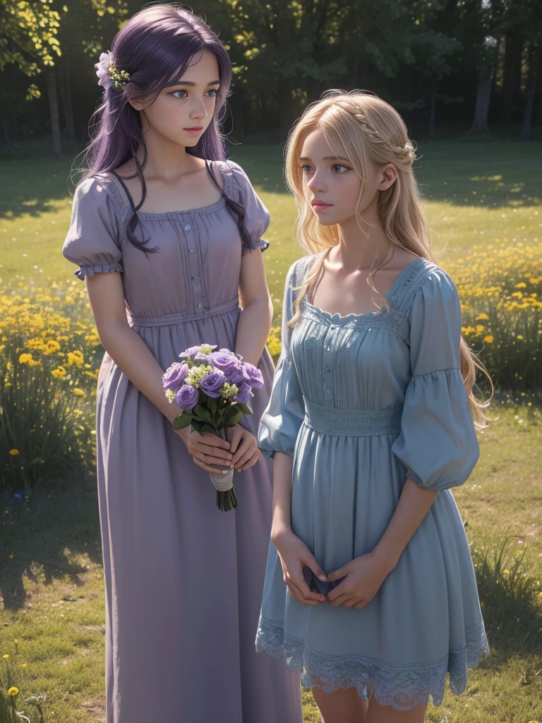 A heartwarming scene of Alleia and Malcolm meeting for the first time as children on Slaphnyr island. (((Alleia, A 15 years old Girl with blonde hair and light blue eyes, is wearing a simple dress))), and (((Malcolm, A 17 years old Boy with dark purple hair and black eyes, is in casual clothes))). They are in a beautiful meadow filled with colorful flowers and magical creatures. Alleia is shyly holding a small bouquet of flowers, while Malcolm is offering a glowing, enchanted toy. Their expressions are curious and friendly, capturing the beginning of their extraordinary bond. (photo realistic:1.4), (hyper realistic:1.4), (realistic:1.3), (smoother lighting:1.05), (increase cinematic lighting quality:0.9), 32K, realistic lighting, ray trace, (brightening light:1.2), (Increase quality:1.4), (best quality real texture skin:1.4), finely detailed eyes, finely detailed face, finely quality eyes. (UHD, retina, masterpiece, accurate, anatomically_correct, textured_skin, super_detail, high_details, high_quality, best_quality, high_res, 1080P, HD, 4K, 8k, 16k), (beautiful_detailed_eyes, beautiful_detailed_lips, extremely_detailed_eyes_and_face), soft_lighting, physically-based_rendering, vivid_colors, (Best Highest Quality, 8K, High Resolution, Masterpiece:1.2), Ultra Detailed, Extremely Fine, (Realistic, Photo Realistic:1.37).