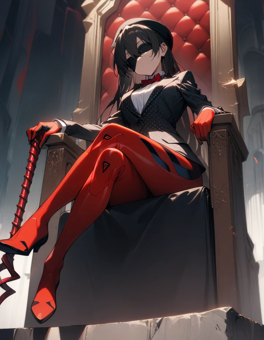 1girl, rebuild of evangelion, lance of longinus, masterpiece hat, plugsuit, suit red ladybird black polka dot formal suit, sitting, legs crossed, black blindfold, throne, looking down, below, looking at viewer, outdoor, masterpiece, best quality, very aesthetic, absurd