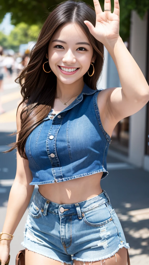 A scene of a beautiful woman wearing a colorful sleeveless top and denim shorts waving with a big smile on a sunny day