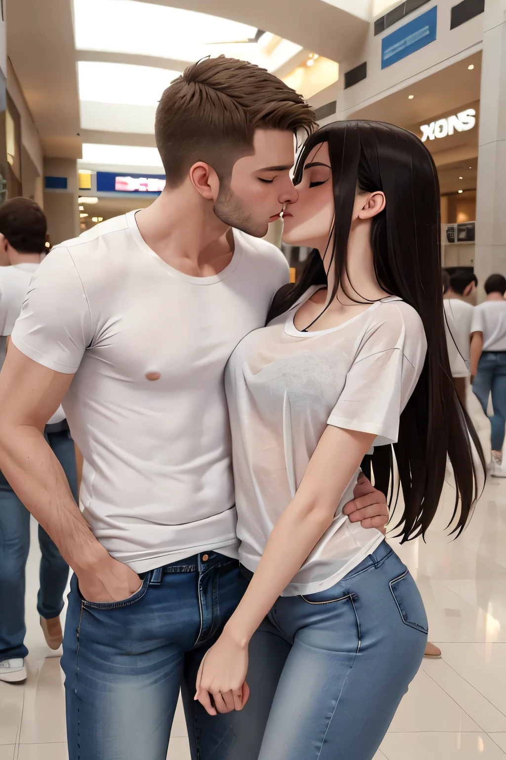 Man wearing white t shirt, denim shirt and jeans kissing a y woman wearing a white t shirt and jeans in a mall