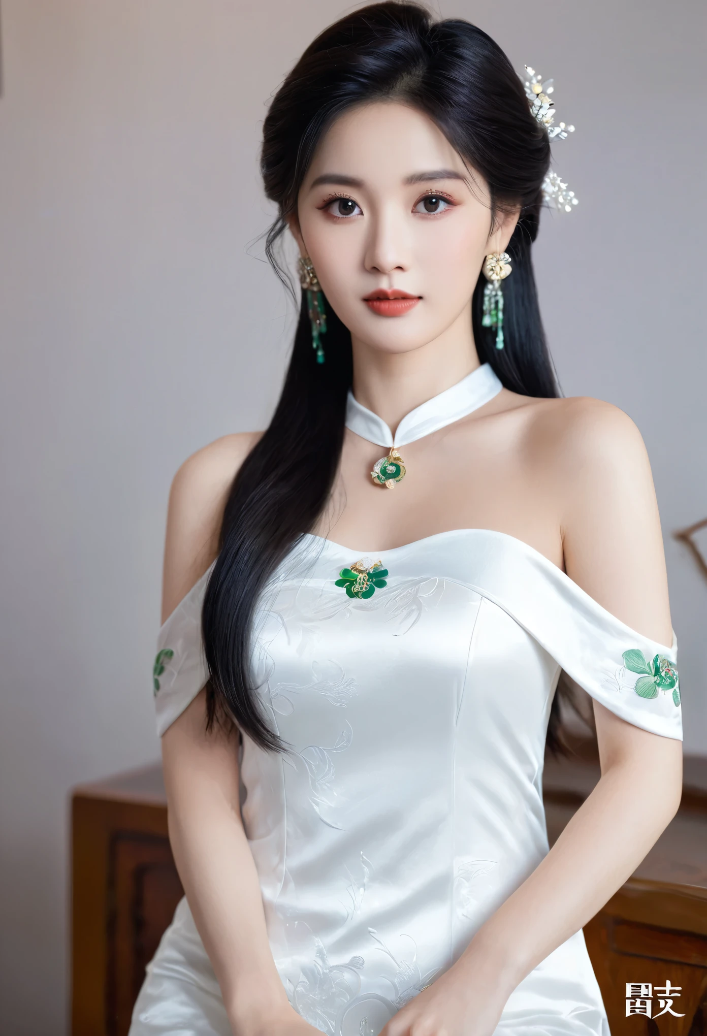 masterpiece, best quality, aesthetic and beautiful,1 woman,standing,long hair,black hair,sideburns,hair accessories,pure face,earrings,off-the-shoulder white cheongsam,necklace,jade bracelet,dull eyes,beautiful eyes looking at the camera,