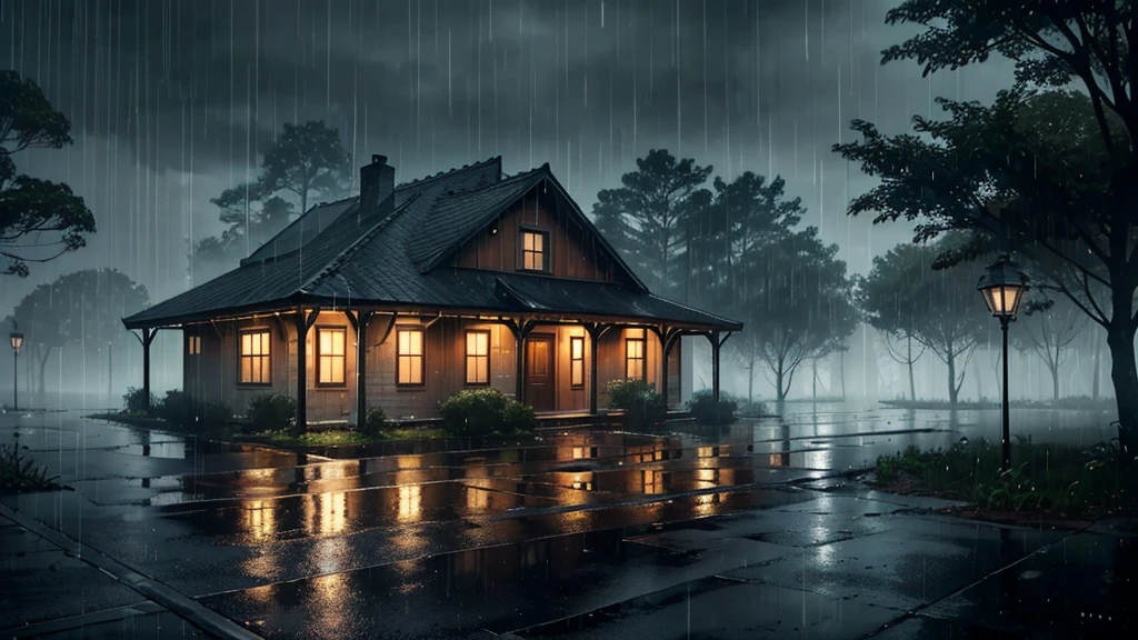 there is a old house in the rain with a light on, in wood, a lot of trees, a matte painting inspired by Gregory Crewdson, cg society contest winner, photorealism, rainy evening, rainy scene, gloomy weather. hyperrealistic, rainy day. game render, rainy night, at evening during rain, raining at night, rain falling, late night raining, rain aesthetic, rainy day outside