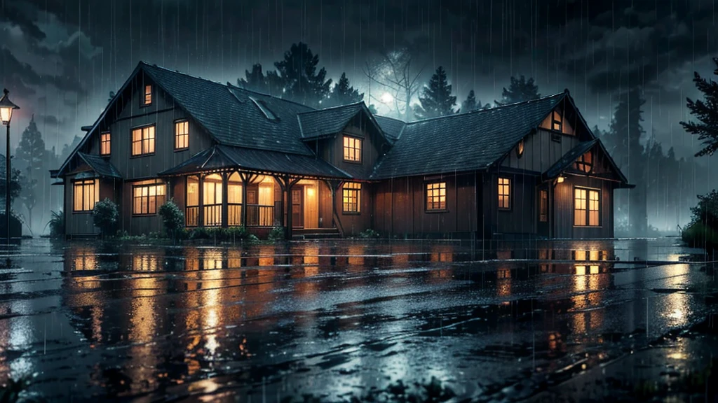 there is a old house in the rain with a light on, in wood, a lot of trees, a matte painting inspired by Gregory Crewdson, cg society contest winner, photorealism, rainy evening, rainy scene, gloomy weather. hyperrealistic, rainy day. game render, rainy night, at evening during rain, raining at night, rain falling, late night raining, rain aesthetic, rainy day outside