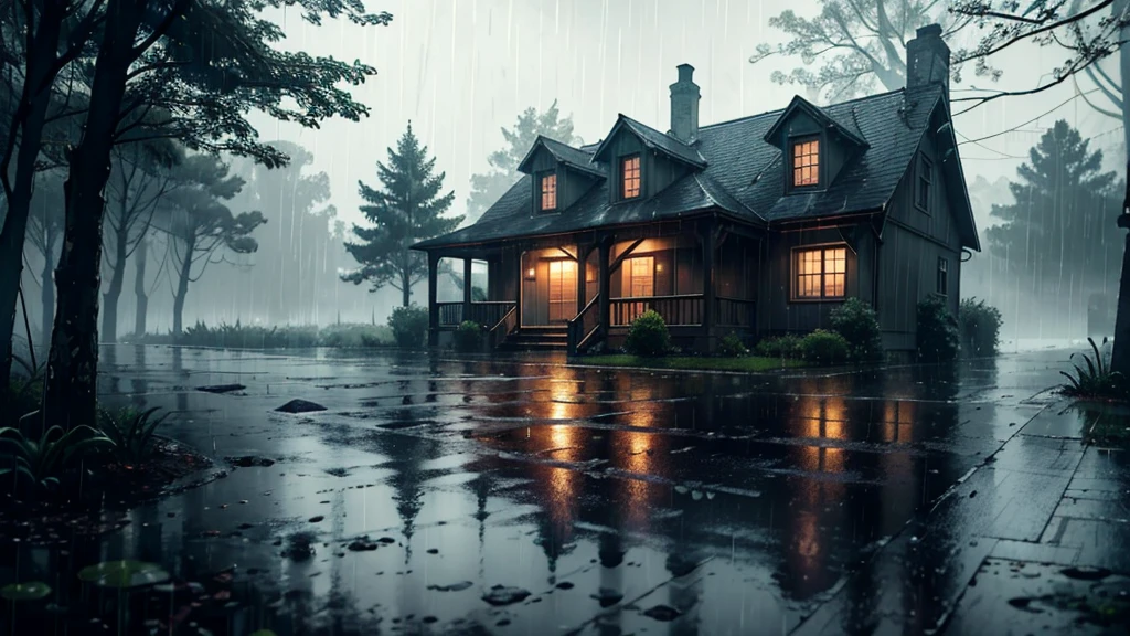 there is a old house in the rain with a light on, in wood, a lot of trees, a matte painting inspired by Gregory Crewdson, cg society contest winner, photorealism, rainy evening, rainy scene, gloomy weather. hyperrealistic, rainy day. game render, rainy night, at evening during rain, raining at night, rain falling, late night raining, rain aesthetic, rainy day outside