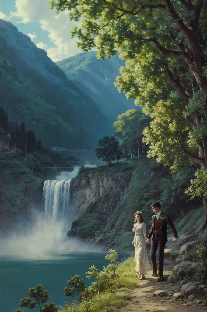 ((Best quality)), ((masterpiece)), (detailed), ((perfect face)), ((face focus))"A young couple of 19 century,the girl falling into a river from a bridge and boy cry 