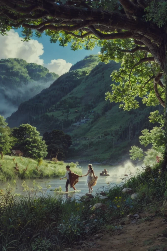 ((Best quality)), ((masterpiece)), (detailed), ((perfect face)), ((face focus))"A young couple of 19 century,the girl falling into a river from a bridge and boy cry