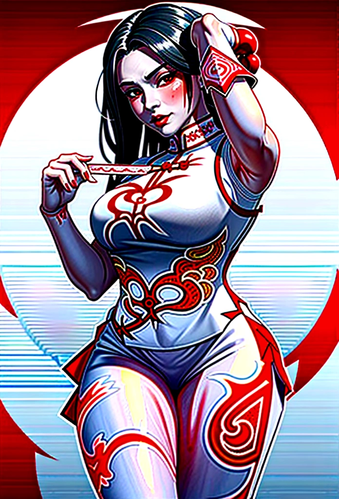 a beautiful female vampire wearing a (blood stained white Cheongsam: 1.5), an extremely beautiful female vampire, ultra detailed face, black hair, long hair, wavy hair, dark glamour make up, pale skin, red lips, glowing red eyes, visible vampiric fangs, she wears a ((white Cheongsam: 1.5)), elegant, intricate detailed Cheongsam, silk Cheongsam, small cleavage, ((Cheongsam is decorated with gems: 1.4)), she wears elegant knee high heeled boots, exquisite knee high heeled boots, there are stains of blood on the upper part of the dress, dynamic background, b Night scene, blood everywhere