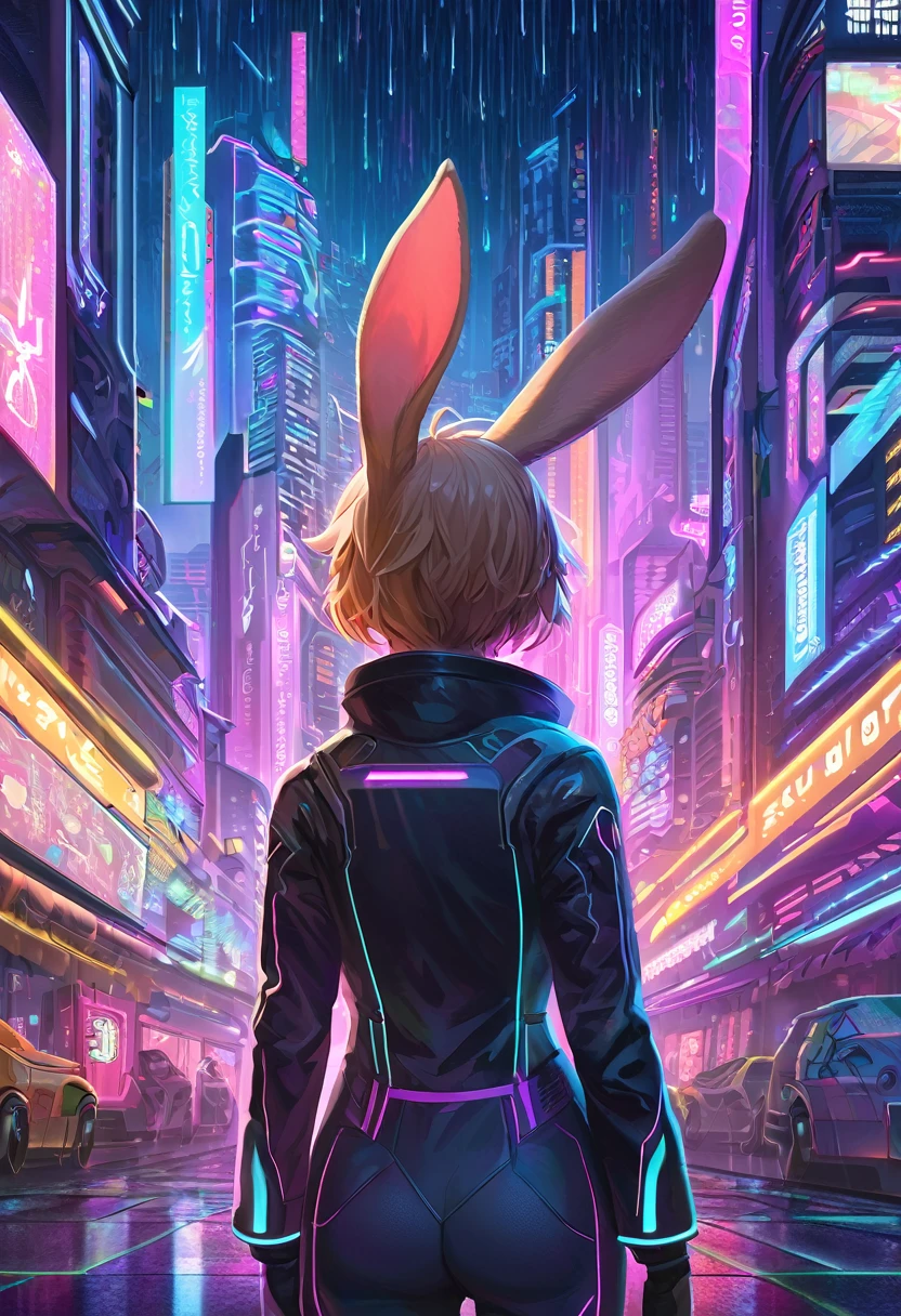 ((Masterpiece)), ((Best Quality)), (Very Detailed), ((Very Detailed)), 4K, (8K), very aesthetic, absurdres highres, 1 female, anthropomorphic rabbit, furry, kemono, Draw a silhouette of a person with their back turned. The figure stands against the background of a futuristic city, with bright and colorful digital rain raining down on the background. The silhouettes of the figures are illuminated by neon lights, and the light emphasizes their outlines. The person's clothing is cyberpunk-style, with glowing lines on the jacket. The city in the background is filled with skyscrapers and holographic advertisements, giving it an overall futuristic and energetic feel.