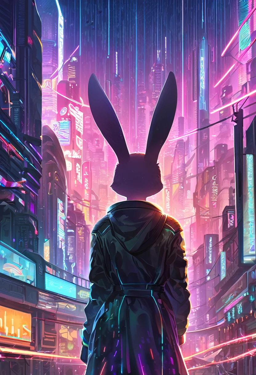 ((Masterpiece)), ((Best Quality)), (Very Detailed), ((Very Detailed)), 4K, (8K), very aesthetic, absurdres highres, 1 female, anthropomorphic rabbit, furry, kemono, Draw a silhouette of a person with their back turned. The figure stands against the background of a futuristic city, with bright and colorful digital rain raining down on the background. The silhouettes of the figures are illuminated by neon lights, and the light emphasizes their outlines. The person's clothing is cyberpunk-style, with glowing lines on the jacket. The city in the background is filled with skyscrapers and holographic advertisements, giving it an overall futuristic and energetic feel.