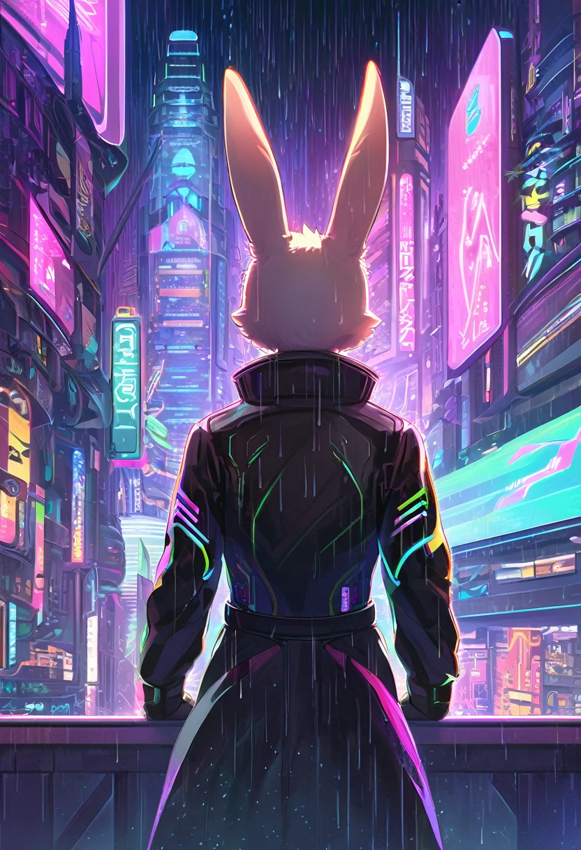 ((Masterpiece)), ((Best Quality)), (Very Detailed), ((Very Detailed)), 4K, (8K), very aesthetic, absurdres highres, 1 female, anthropomorphic rabbit, furry, kemono, Draw a silhouette of a person with their back turned. The figure stands against the background of a futuristic city, with bright and colorful digital rain raining down on the background. The silhouettes of the figures are illuminated by neon lights, and the light emphasizes their outlines. The person's clothing is cyberpunk-style, with glowing lines on the jacket. The city in the background is filled with skyscrapers and holographic advertisements, giving it an overall futuristic and energetic feel.