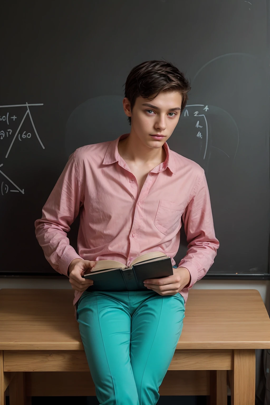A beautiful young male twink with dark circles under his eyes. He has black hair and a face with make-up. He is wearing a bright pink long-sleeved shirt and aqua blue pants. He is in his office, sitting at a study desk, reading a huge book. Behind him is a blackboard with calculus written on it.  Integration and mathematical equations, and radiating neon energy comes out of the blackboard.