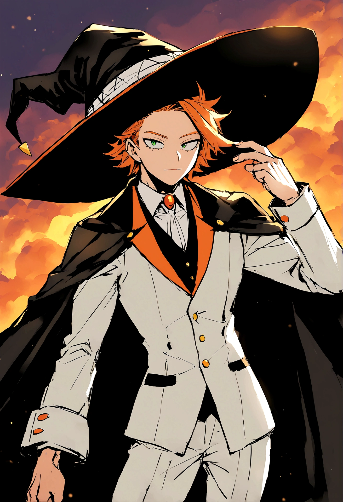 HERO COSTUME BASED ON BOKU NO HERO ACADEMIA, must look like a magician. It should be a masculine suit for a slim body. Includes a witch hat. The model must have orange hair, light skin and green eyes. THE MODEL MUST BE A MALE.
