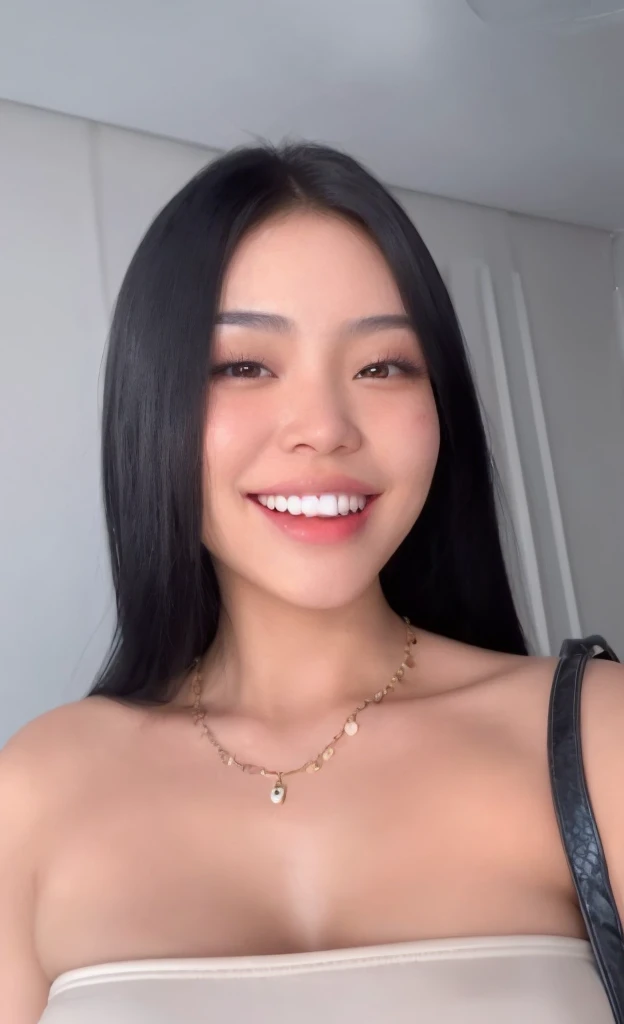 Asian, korean, voluminous breasts, fleshy lips, Bblack hair, Grinning