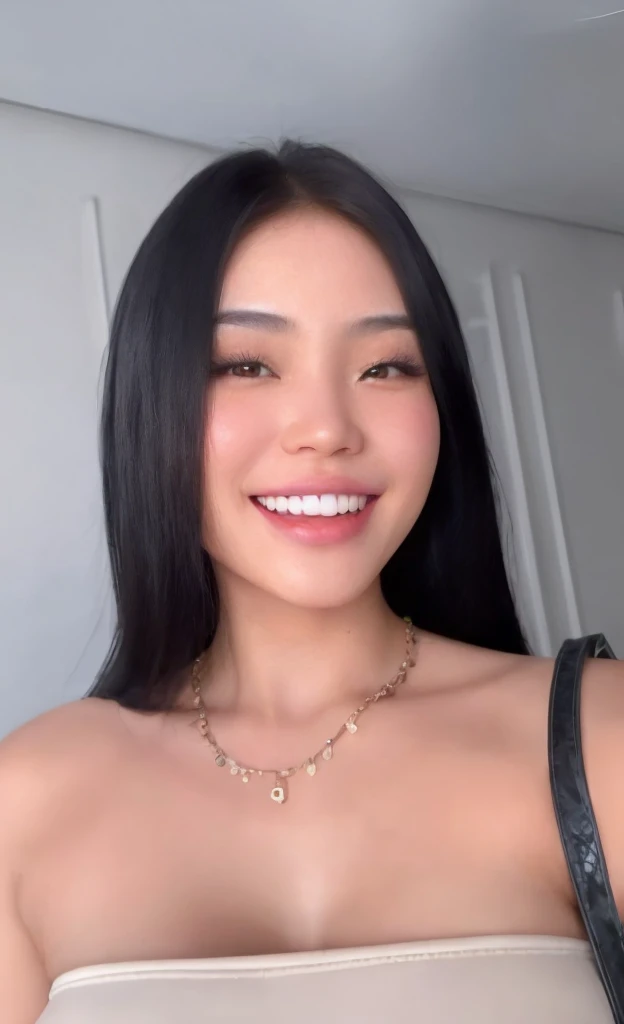 Asian, korean, voluminous breasts, fleshy lips, Bblack hair, Grinning