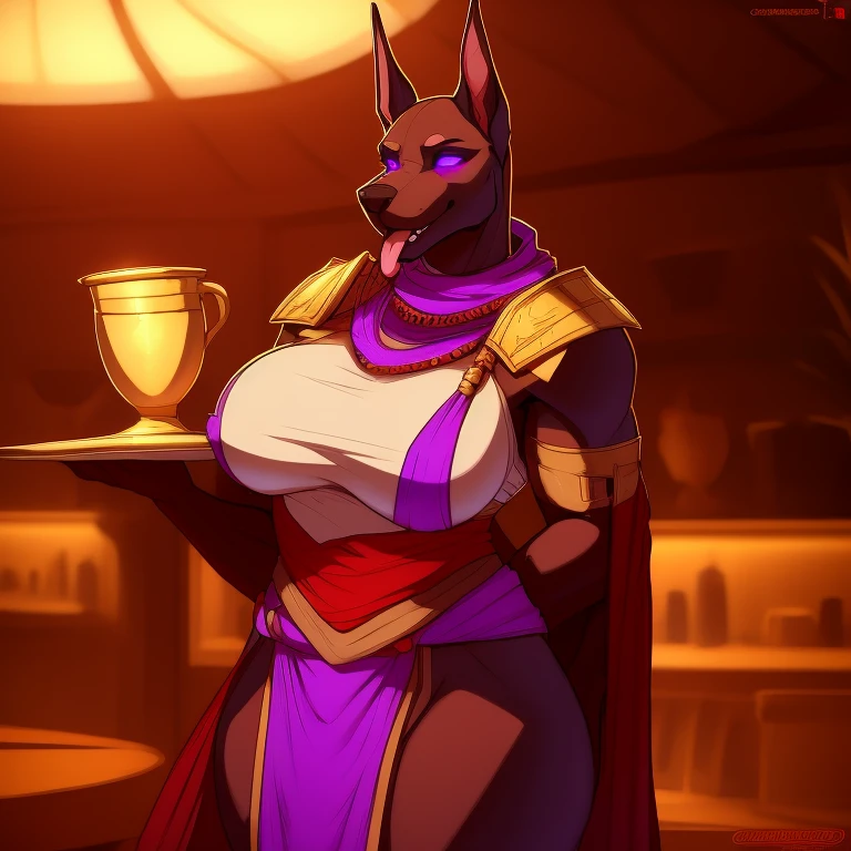 Very_muscular_mature_doberman female dark_brown_two-tone_furry_body, hypnotized with glowing purple eyes, tongue out, tribal clothes, yellow_tabard, mace misty_breath solo Masterpiece best_quality absurdres highly_detailed cleanly_drawn_eyes anthro_only large_breasts by_claweddrip, by_greasymojo, by_underscore-b, by_runawaystride, carrying a tray with golden cups full body image