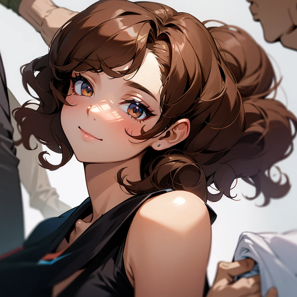 A woman with brown curly hair, eyes browns, skin fair, being flirted with by several boys