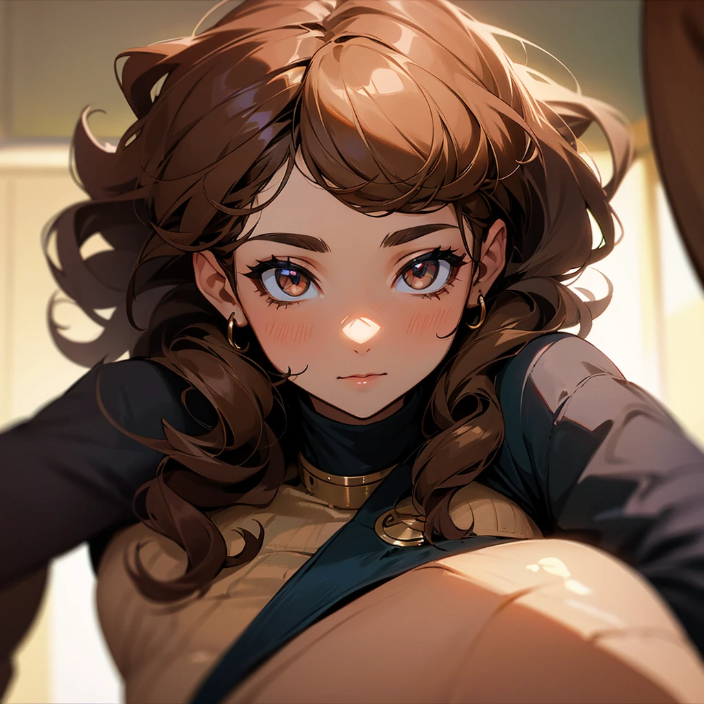 A woman with brown curly hair, eyes browns, skin fair, being flirted with by several boys