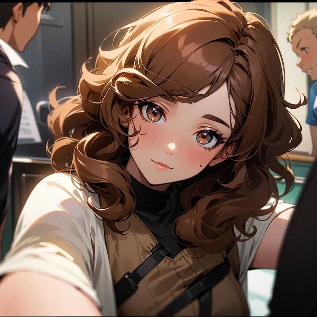 A woman with brown curly hair, eyes browns, skin fair, being flirted with by several boys